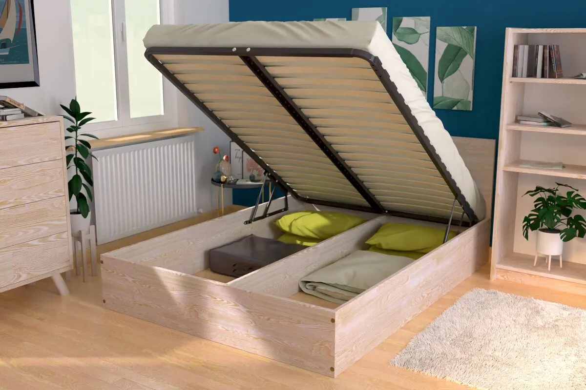 Lit coffre 2 places avec tête de lit en bois - — vue 3