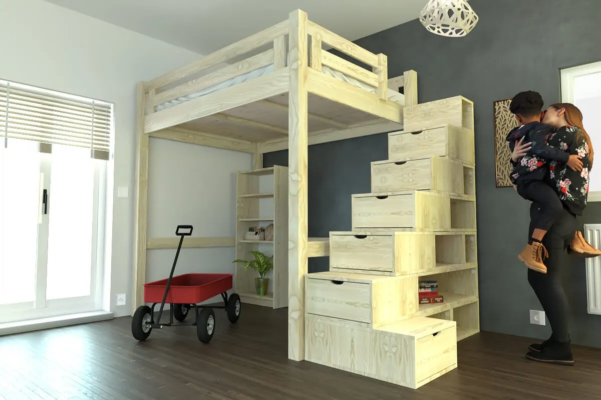 Lit Mezzanine adulte bois Alpage hauteur réglable + escalier cube — vue 3
