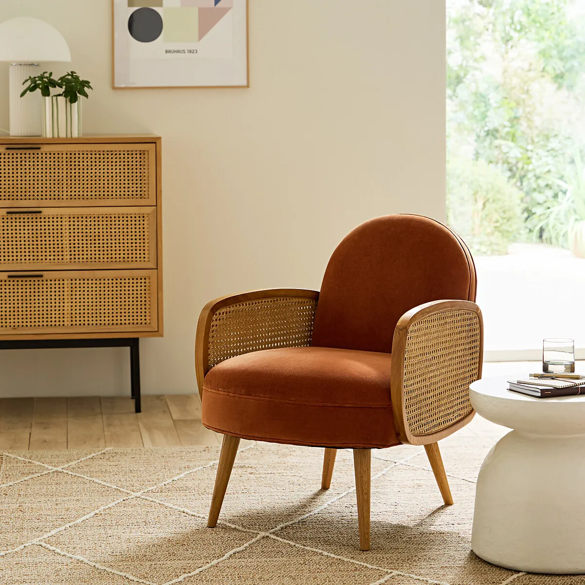 Fauteuil Velours Et Cannage, Buisseau — vue 3