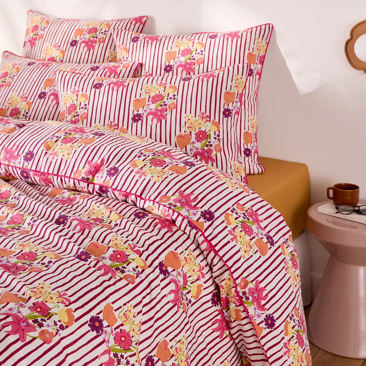 Housse De Couette En Coton Lavé, Imprimé Rayures Et Fleurs, BELARDI