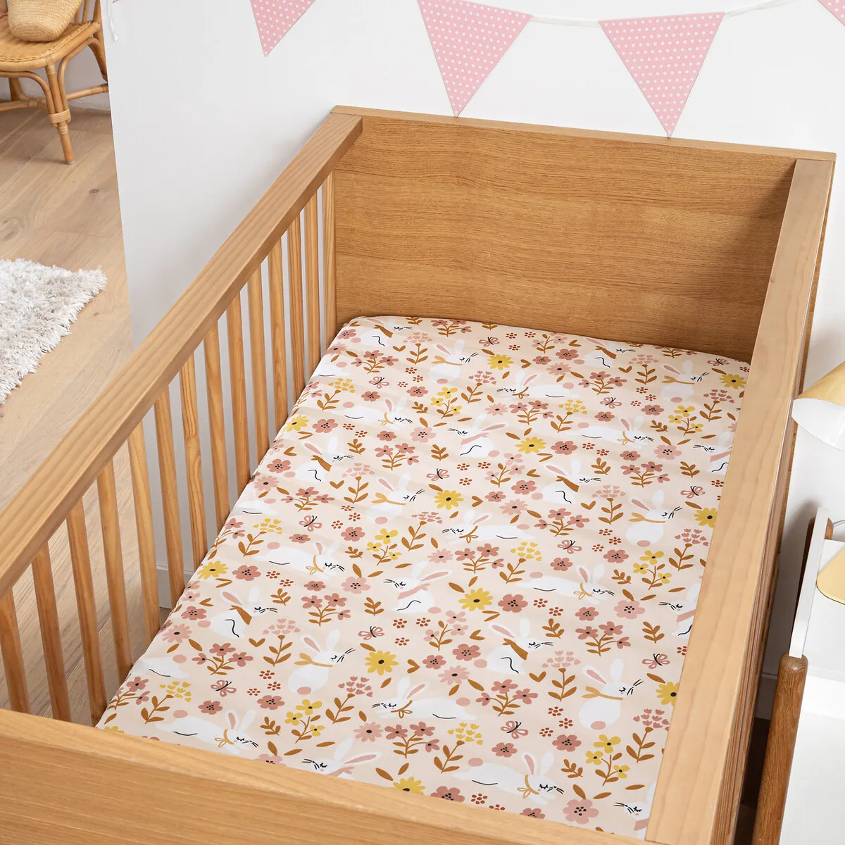 Drap-housse Bébé Coton Biologique, Lapin Fleuri