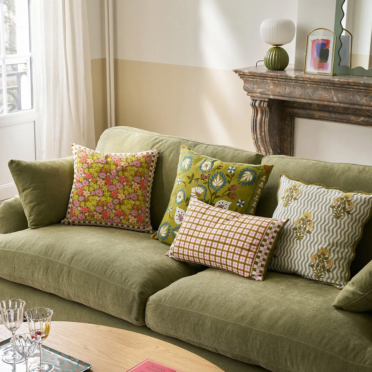 Housse De Coussin Carrée 45x45 Cm, En Coton Imprimé Fleurs, DELILA — vue 3