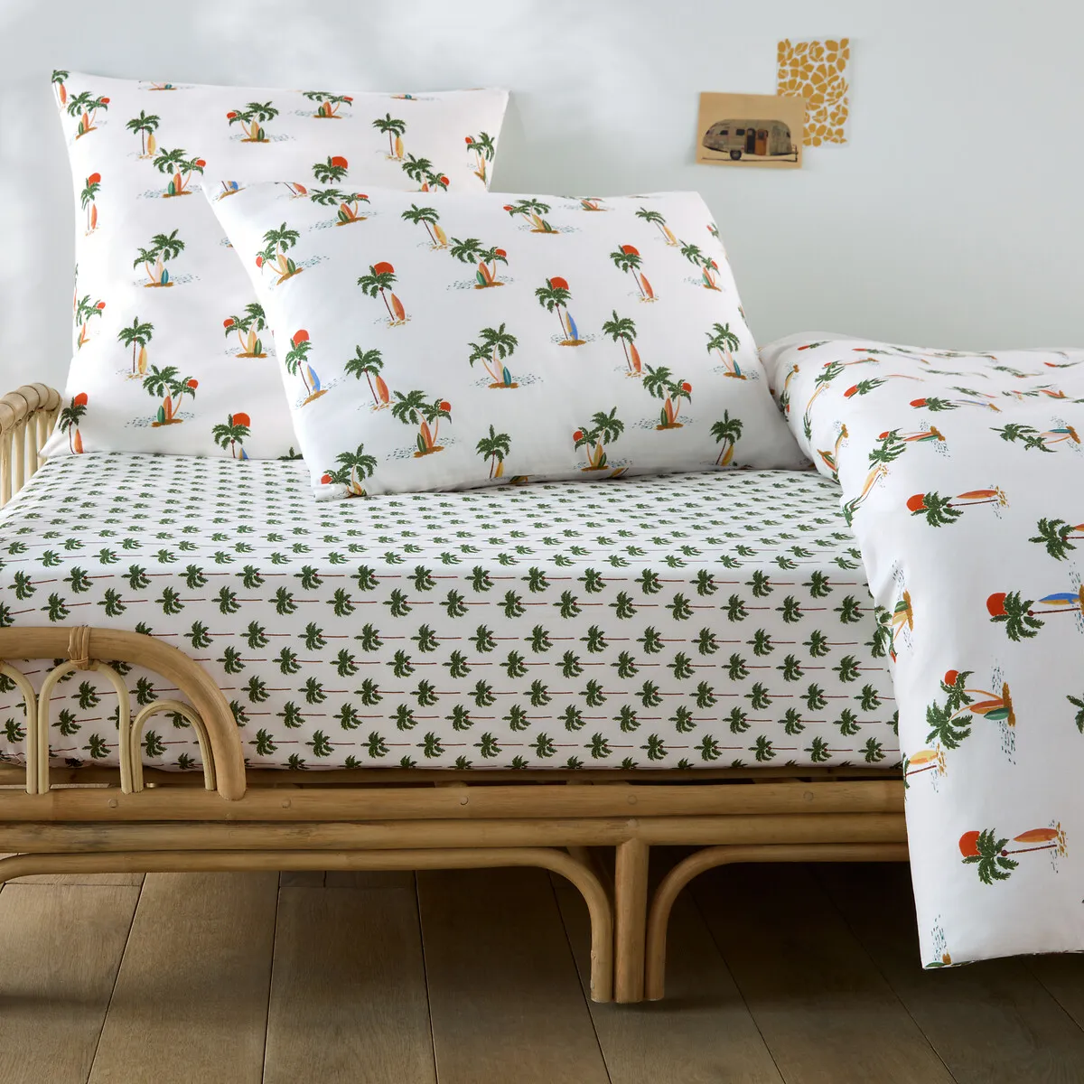 Drap-housse Enfant, En 50% Coton Recyclé, Bonnet 25 Cm, Imprimé Palmiers, TAPAHI