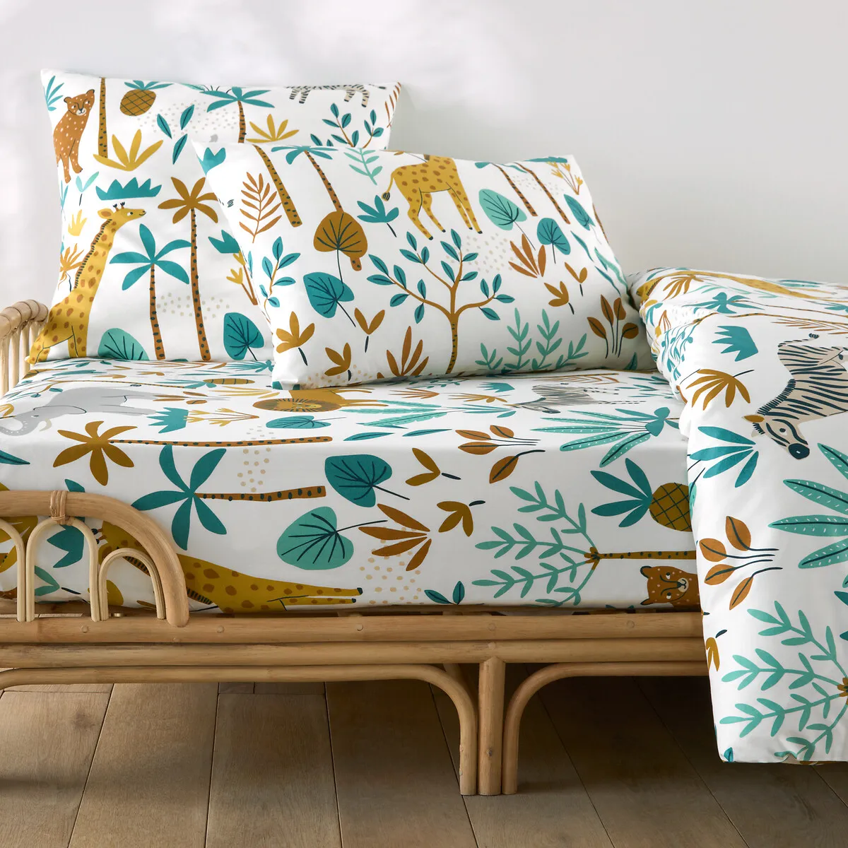 Drap-housse Enfant, 30% Coton Recyclé, Bonnet 25 Cm, Imprimé Animaux, JUNGLE