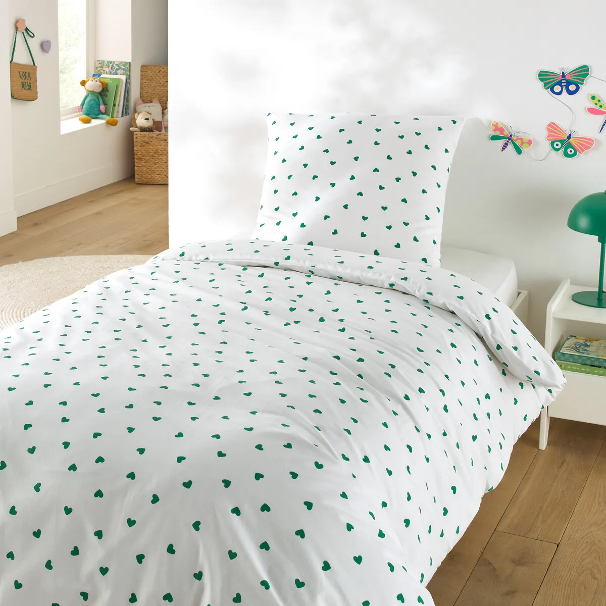 Parure Enfant, En 50% Coton Recyclé, Avec Taie Carrée, Scacco Vert — vue 3