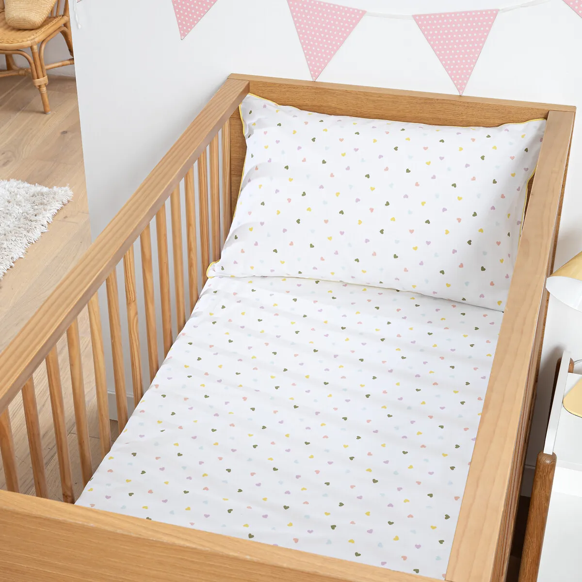 Drap-housse Bébé En Coton Biologique, Bonnet 17 Cm, Imprimé Cœurs, SCACCO