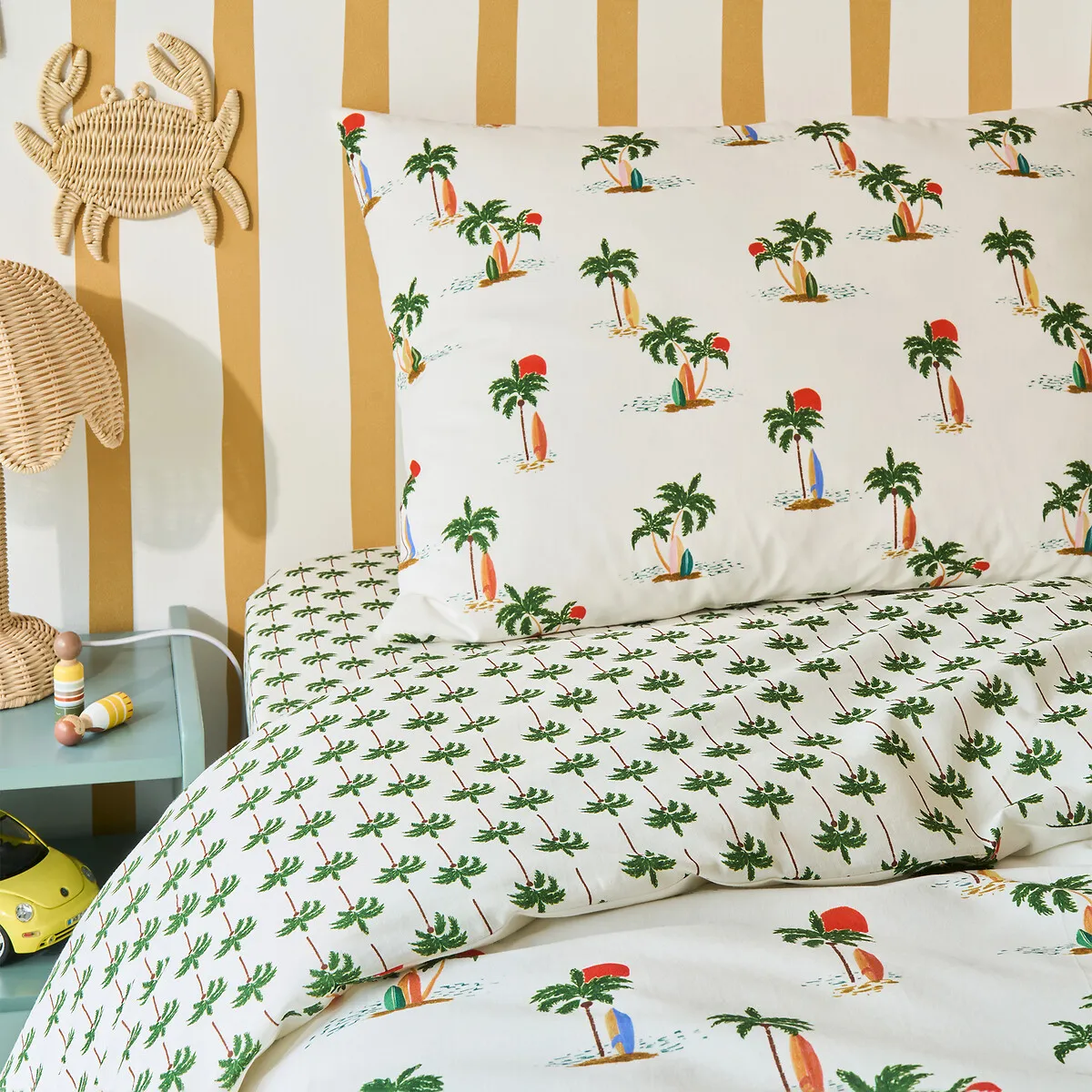 Drap-housse Enfant, En 50% Coton Recyclé, Bonnet 25 Cm, Imprimé Palmiers, TAPAHI — vue 3