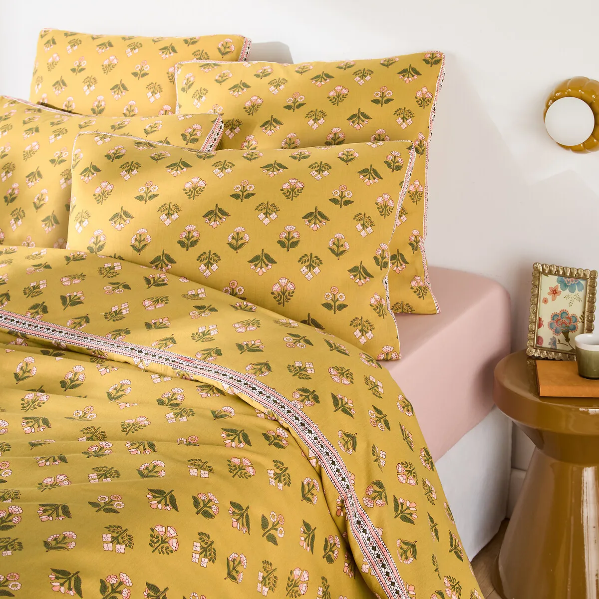 Housse De Couette En Coton Lavé, Imprimé Fleurs, VANDI OCRE