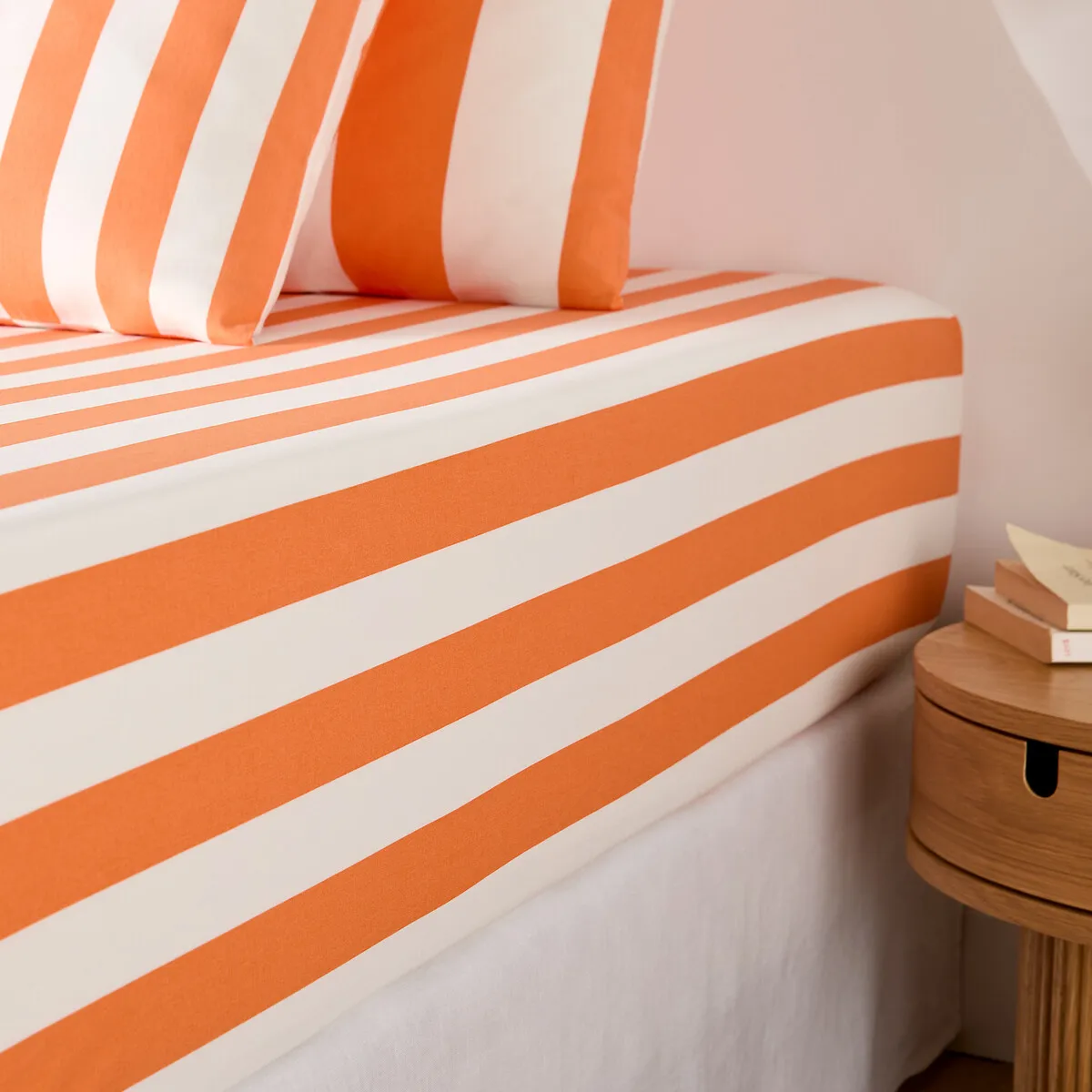 Drap-housse En Coton, Bonnet 25 Cm, Imprimé Rayures, HENDAYE ORANGE
