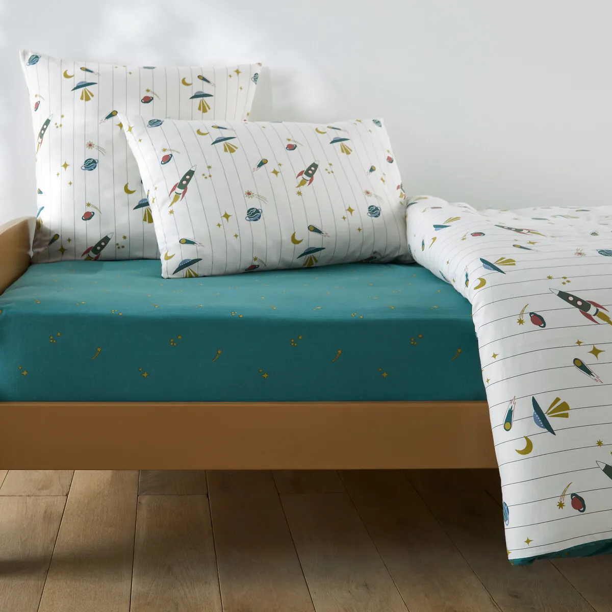 Drap-housse Enfant, 30% Coton Lavé Recyclé, Bonnet 25 Cm, Imprimé Fusées, EGOR